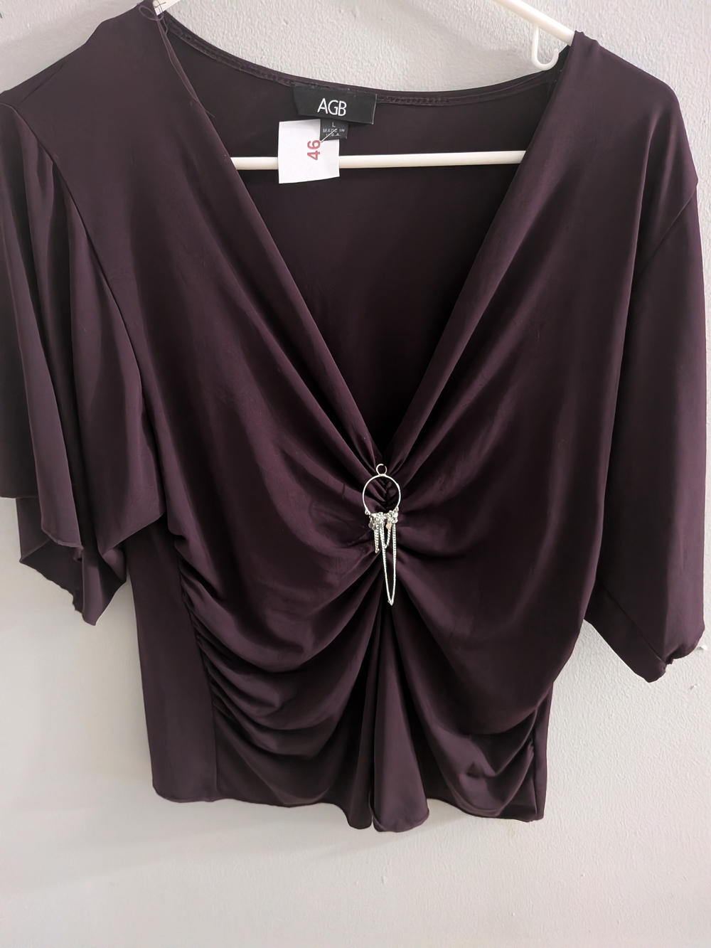AGB Deep Plum V-Neck Twist-Front Blouse with Decorative Ring